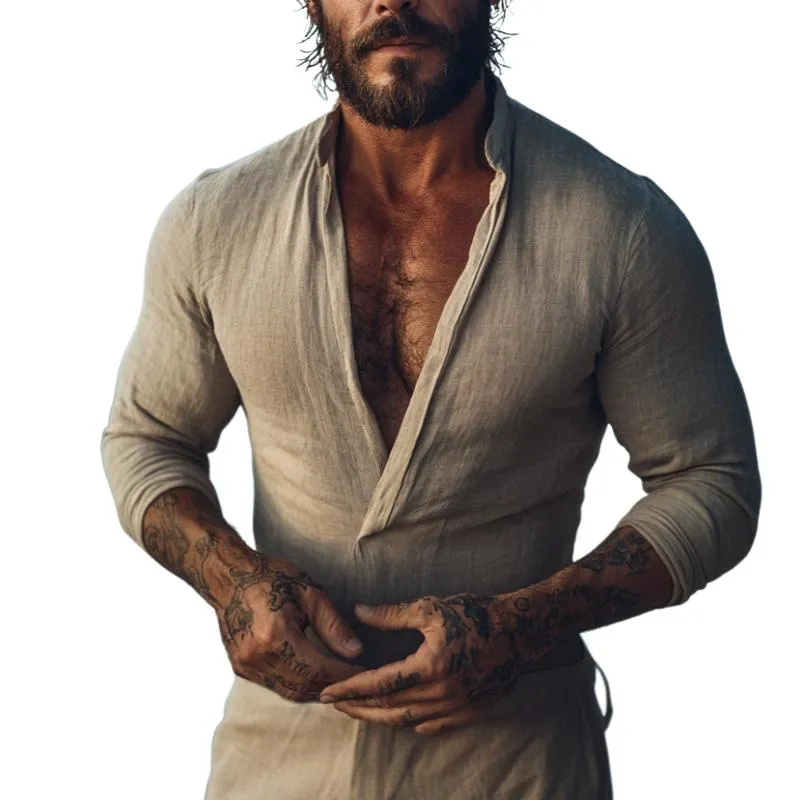 Men's Retro Casual Cotton and Linen Stand Collar Long Sleeve Shirt 85043357TO sold by Manly