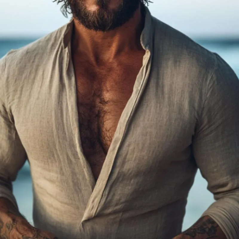 Men's Retro Casual Cotton and Linen Stand Collar Long Sleeve Shirt 85043357TO sold by Manly product image thumbnail 3