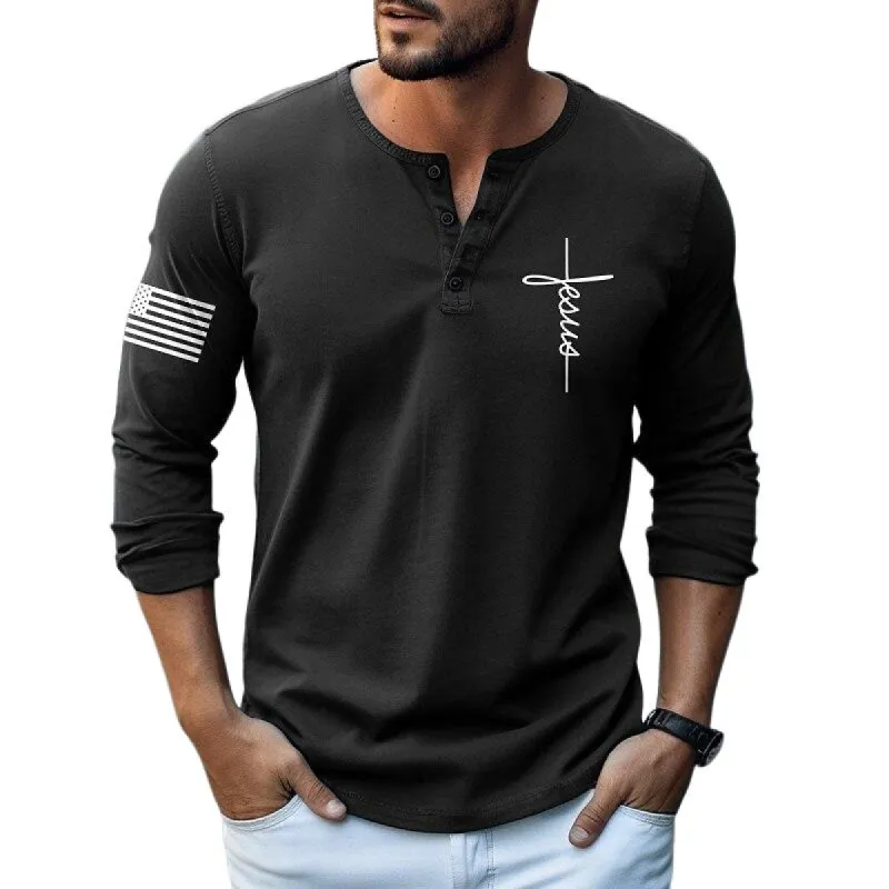 Men's Letter Print Henley Collar Long Sleeve T-Shirt 17796554Y sold by Manly