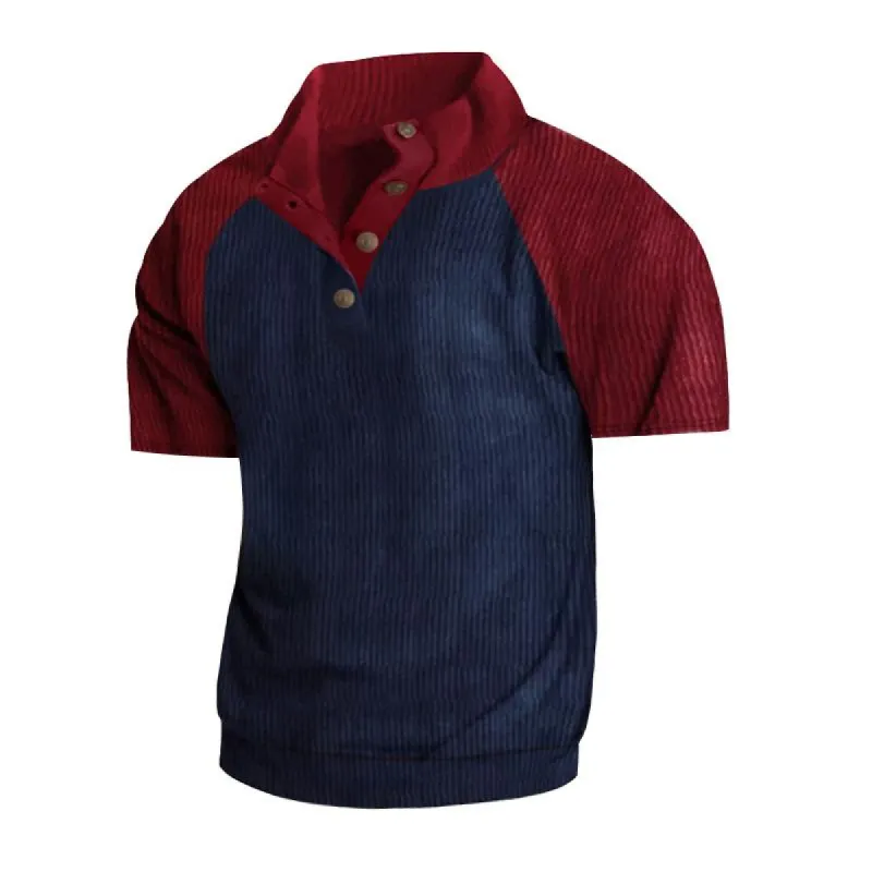 Men's Casual Corduroy Stand Collar Raglan Sleeve Color Block Short Sleeve POLO Shirt 65420184Y sold by Manly