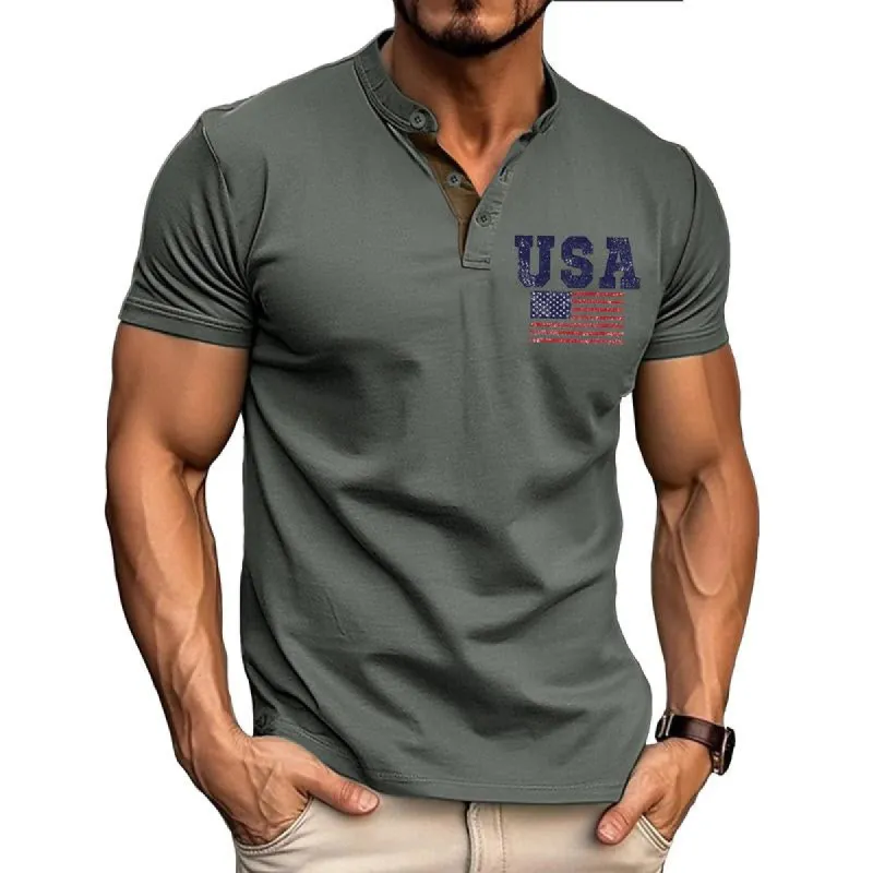 Men's American Flag Print Short Sleeve Button T-Shirt 65699171X sold by Manly