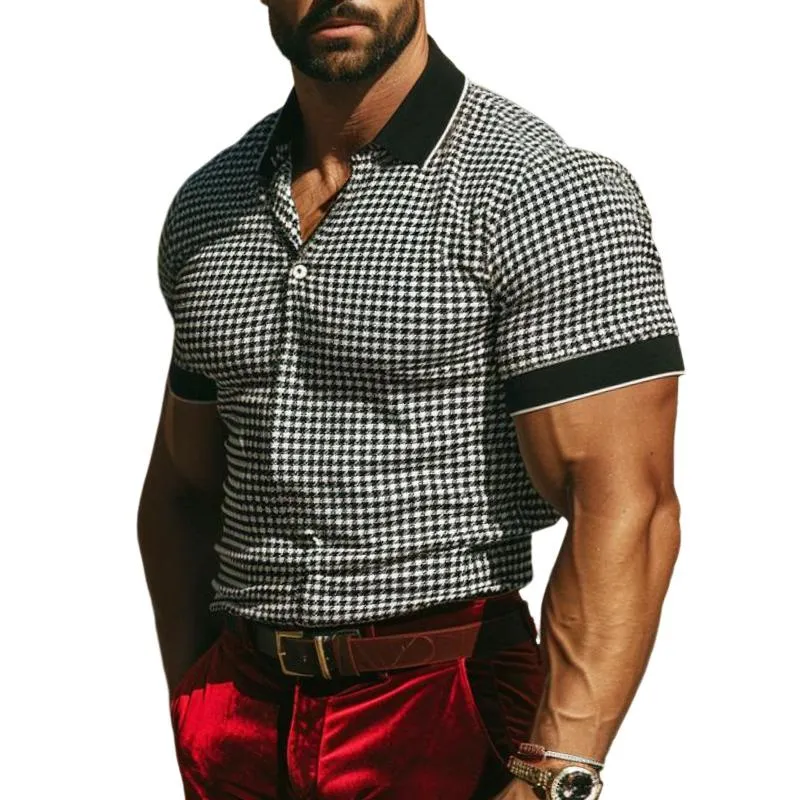 Men's Casual Houndstooth Color Block Polo Shirt 76874659TO sold by Manly