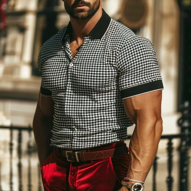 Men's Casual Houndstooth Color Block Polo Shirt 76874659TO sold by Manly product image thumbnail 2