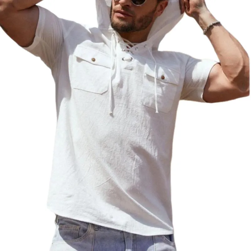 Men's Casual Cotton Linen Lace-up Pullover Flap Pocket Short-sleeved Hoodie 75499303M sold by Manly product image thumbnail 3