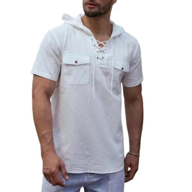 Men's Casual Cotton Linen Lace-up Pullover Flap Pocket Short-sleeved Hoodie 75499303M sold by Manly
