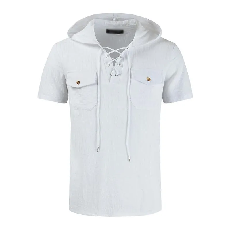 Men's Casual Cotton Linen Lace-up Pullover Flap Pocket Short-sleeved Hoodie 75499303M sold by Manly product image thumbnail 5