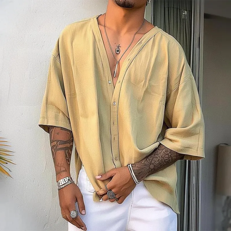 Men's Retro Casual Cotton and Linen Short-sleeved Shirt 19603533TO sold by Manly product image thumbnail 2