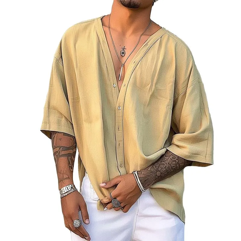 Men's Retro Casual Cotton and Linen Short-sleeved Shirt 19603533TO sold by Manly