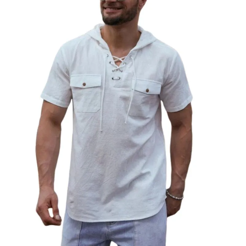 Men's Casual Cotton Linen Lace-up Pullover Flap Pocket Short-sleeved Hoodie 75499303M sold by Manly product image thumbnail 2
