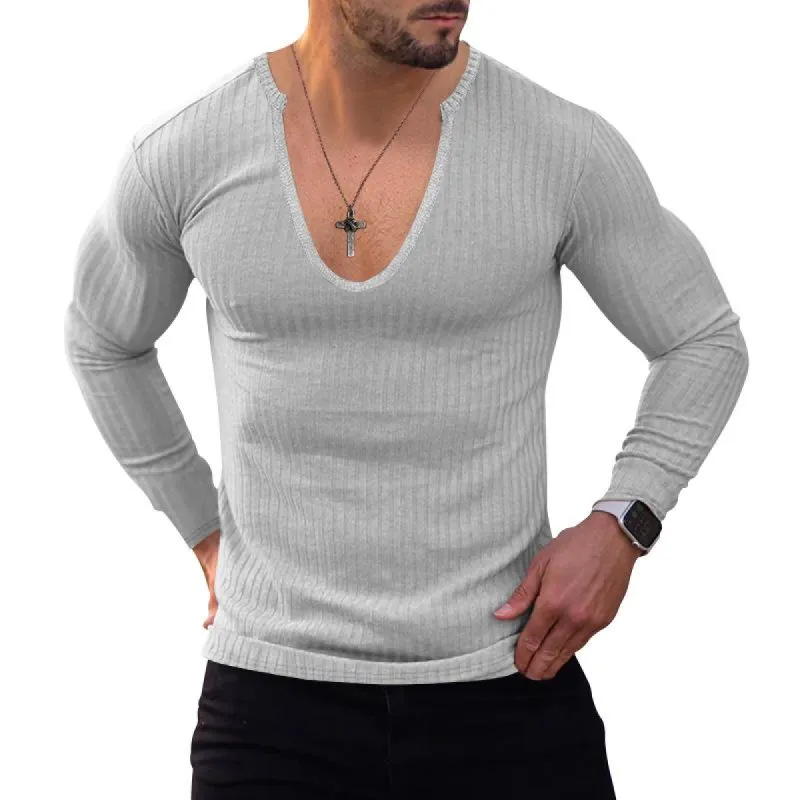 Men's Casual Deep V Neck Solid Color Knit Long Sleeve T-Shirt 86193765Y sold by Manly