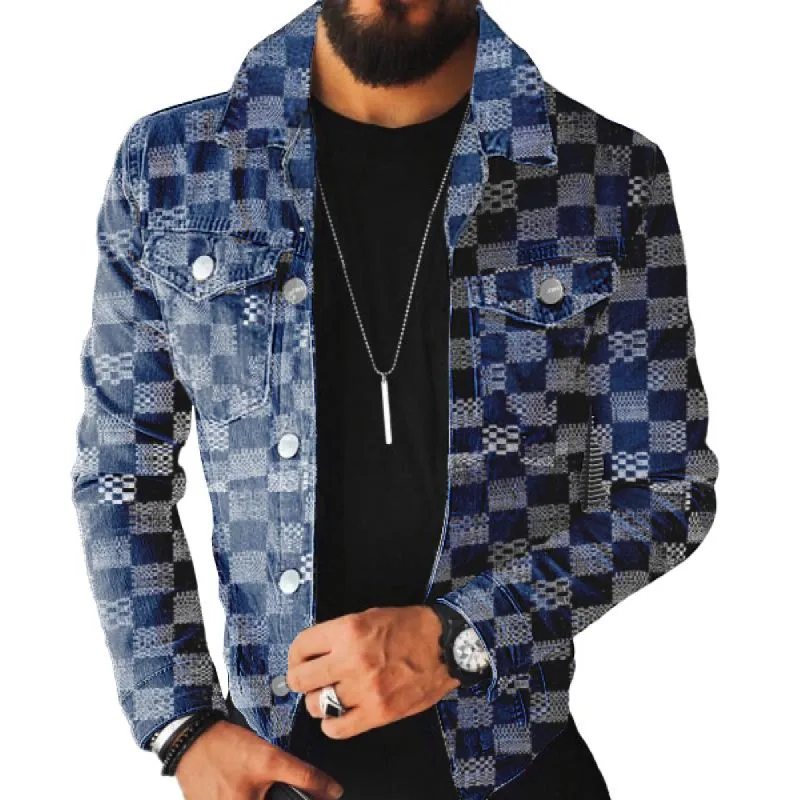 Men's Plaid Lapel Single Breasted Casual Denim Jacket 69824419Z sold by Manly