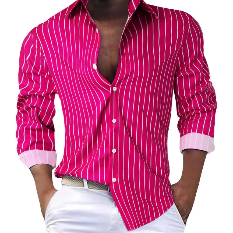 Men's Casual Striped Lapel Single Breasted Long Sleeve Shirt 24551324M sold by Manly