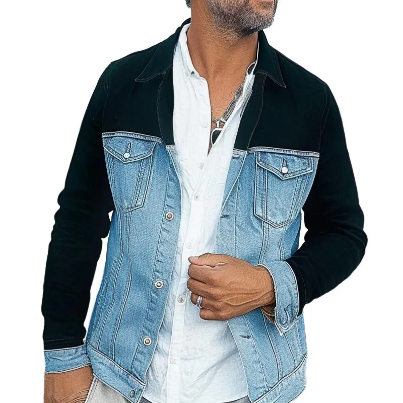 Men's Fashion Colorblock Denim Lapel Single Breasted Casual Jacket 86848127Z made by Manly
