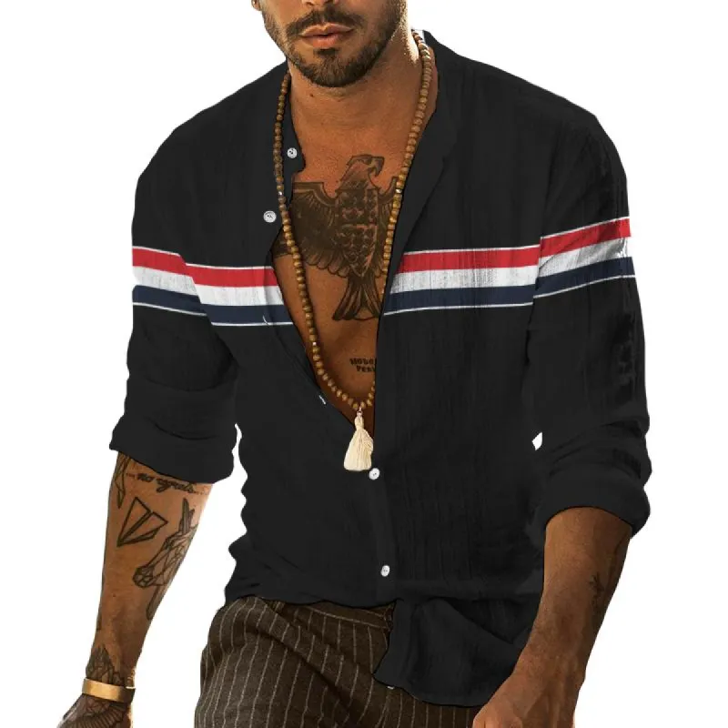 Men's Casual Striped Stand Collar Long Sleeve Shirt 87140717TO sold by Manly