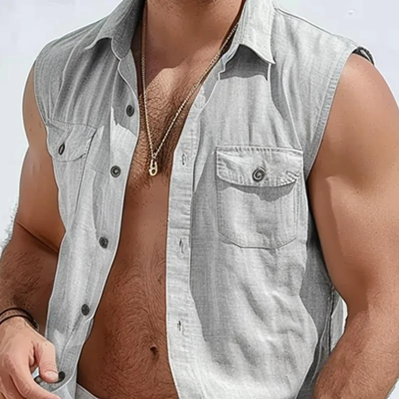 Men's Solid Color Casual Cotton and Linen Lapel Tank Tops 27183042X sold by Manly product image thumbnail 3