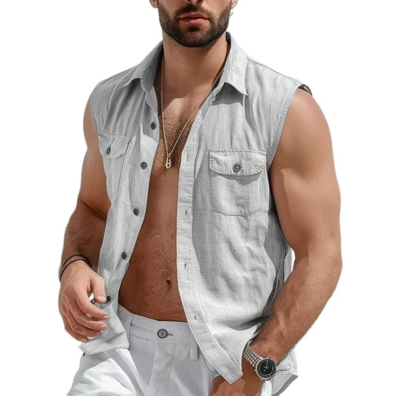 Men's Solid Color Casual Cotton and Linen Lapel Tank Tops 27183042X sold by Manly