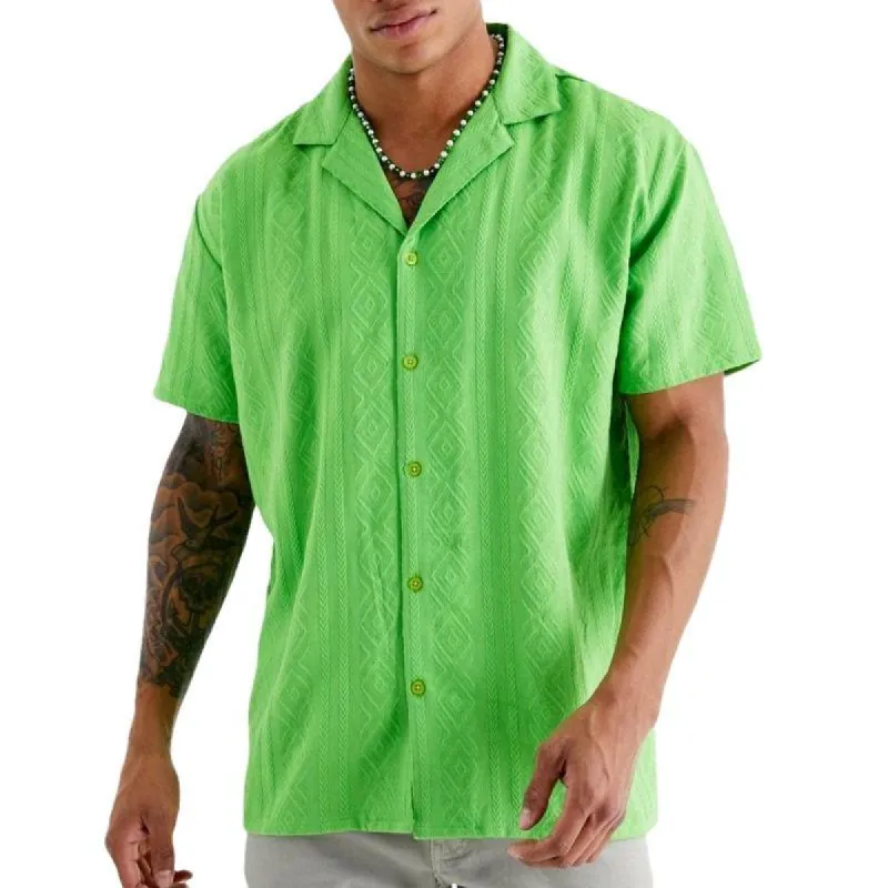 Men's Solid Color Jacquard Lapel Short Sleeve Loose Casual Shirt 41569908Z sold by Manly
