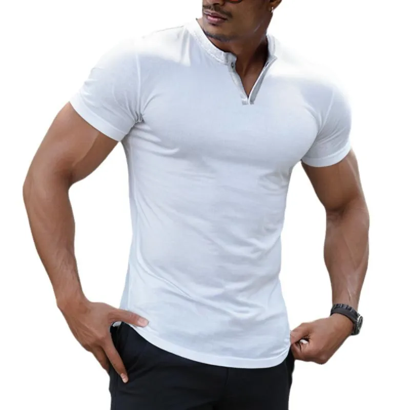 Men's Casual Solid Color Button Collar Slim Short Sleeve T-Shirt 47809172M sold by Manly