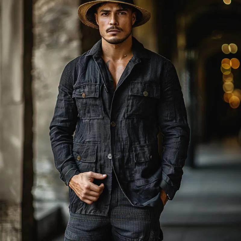 Men's Casual Cotton Linen Lapel Multi-Pocket Single-Breasted Jacket 08290204M sold by Manly product image thumbnail 2