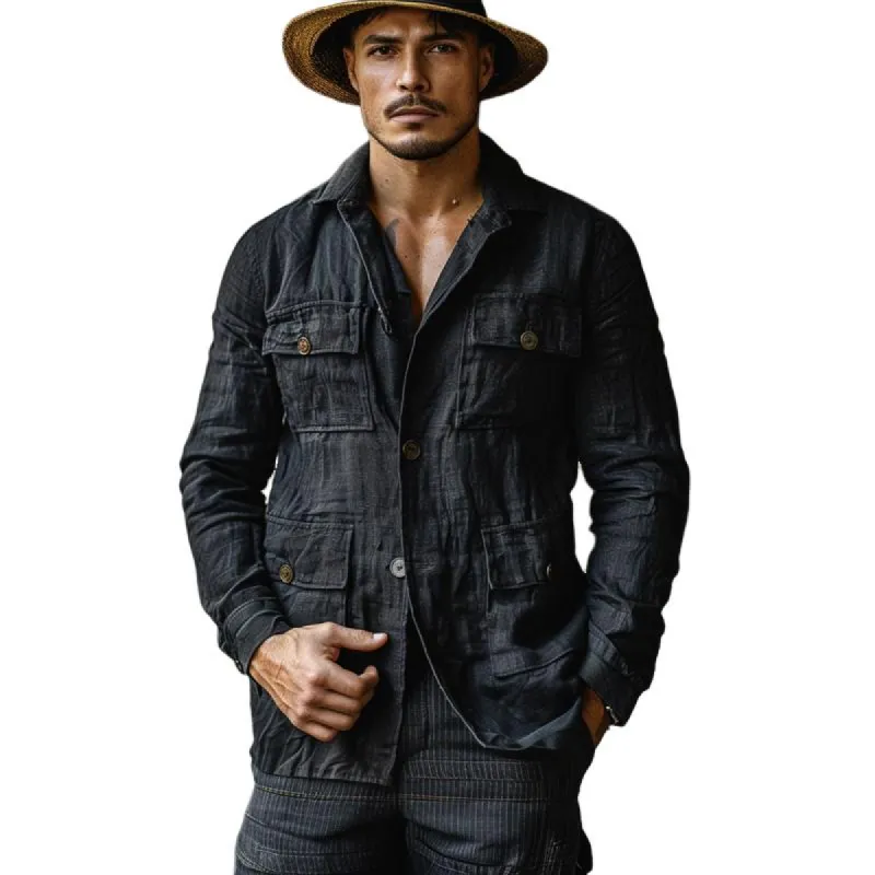 Men's Casual Cotton Linen Lapel Multi-Pocket Single-Breasted Jacket 08290204M sold by Manly
