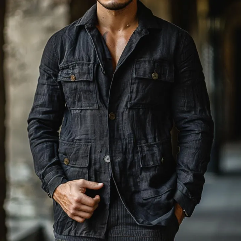 Men's Casual Cotton Linen Lapel Multi-Pocket Single-Breasted Jacket 08290204M sold by Manly product image thumbnail 3