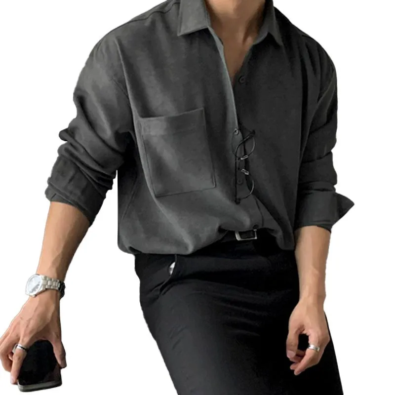 Men's Solid Lapel Long Sleeve Single Breasted Casual Shirt 05203496Z sold by Manly