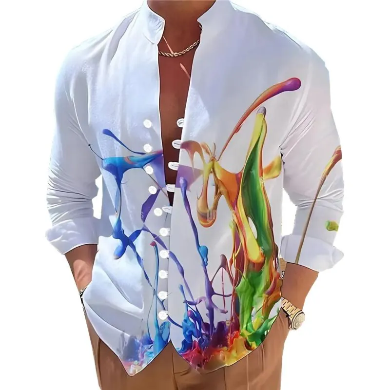 Men's Stand Collar Button Printed Long Sleeve Shirt 19890785X sold by Manly
