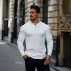 Men's Casual Rib Stripe Henley Neck Slim Fit Long Sleeve T-Shirt 99629962M sold by Manly