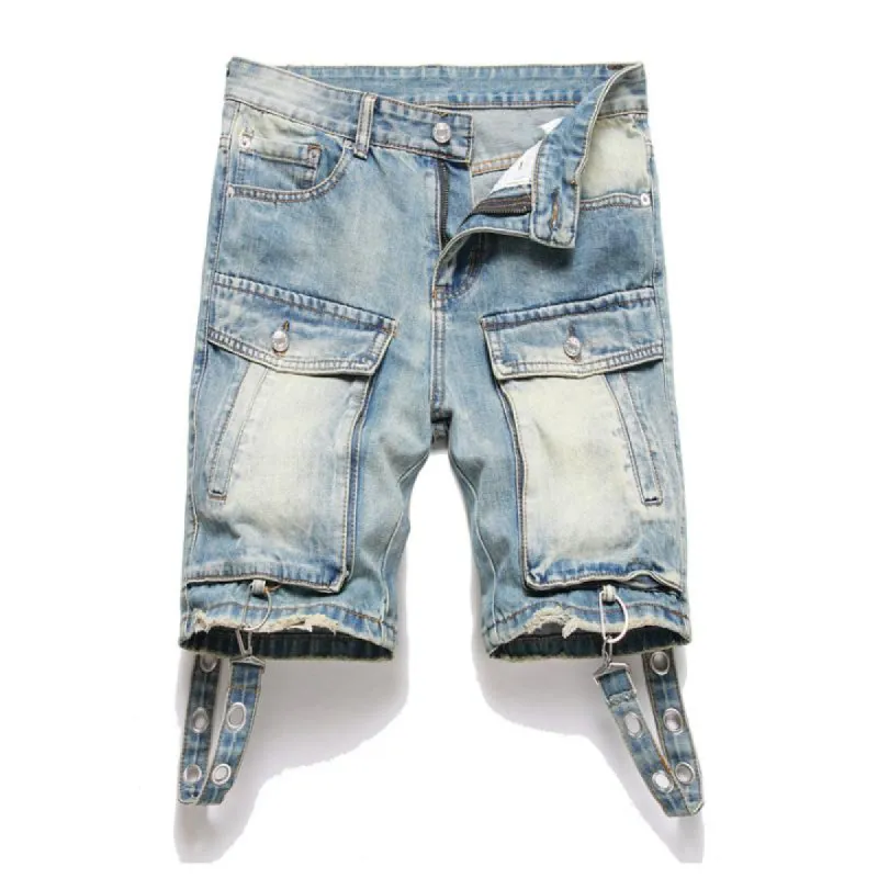 Men's Fashion Washed Multi-Pocket Loose Straight Denim Shorts 51613358M sold by Manly
