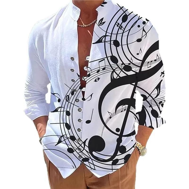 Men's Stand Collar Printed Musical Note Printed Button Long Sleeve Shirt 30315529X sold by Manly