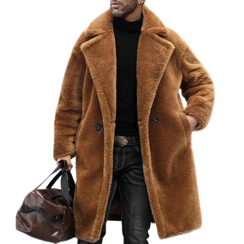 Men's Warm Solid Color Teddy Plush Lapel Long Coat 00244387Y sold by Manly