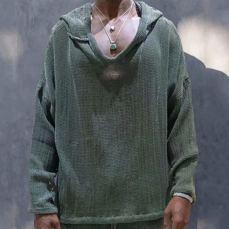 Men's Casual Hooded Solid Color Long Sleeve Loose Hollow Hoodie 87060291M sold by Manly product image thumbnail 5