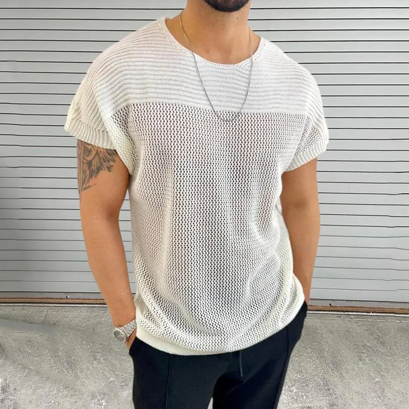 Men's Solid Hollow Out Knit Round Neck Short Sleeve T-shirt 40196779Z sold by Manly product image thumbnail 4