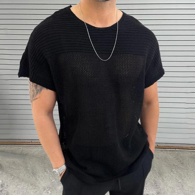 Men's Solid Hollow Out Knit Round Neck Short Sleeve T-shirt 40196779Z sold by Manly product image thumbnail 2