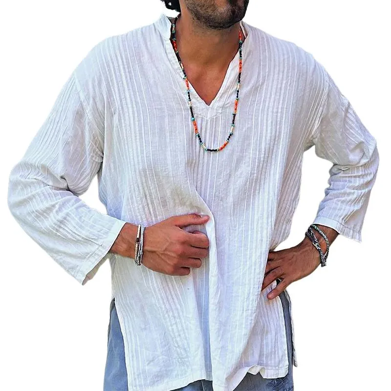 Men's Casual Retro Striped V-Neck Long Sleeve Shirt 01825999TO sold by Manly