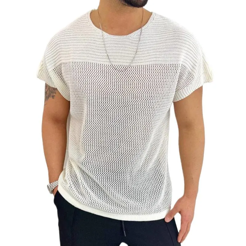 Men's Solid Hollow Out Knit Round Neck Short Sleeve T-shirt 40196779Z sold by Manly
