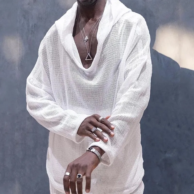 Men's Casual Hooded Solid Color Long Sleeve Loose Hollow Hoodie 87060291M sold by Manly product image thumbnail 2