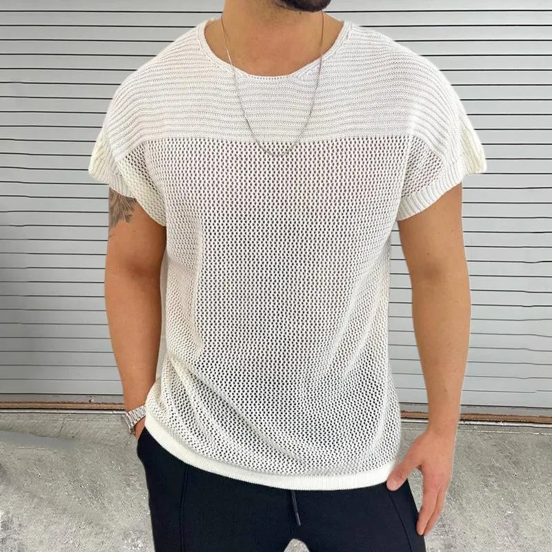 Men's Solid Hollow Out Knit Round Neck Short Sleeve T-shirt 40196779Z sold by Manly product image thumbnail 5
