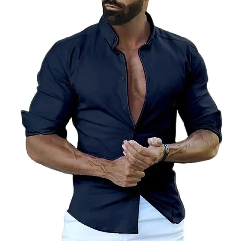 Men's Solid Color Long Sleeve Simple Lapel Button Down Shirt 04546327X sold by Manly