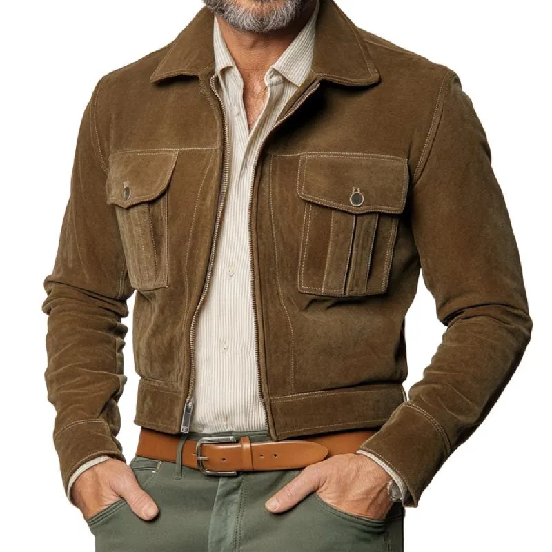 Men's Fashion Suede Lapel Chest Pocket Zipper Cargo Jacket 35411779Z sold by Manly