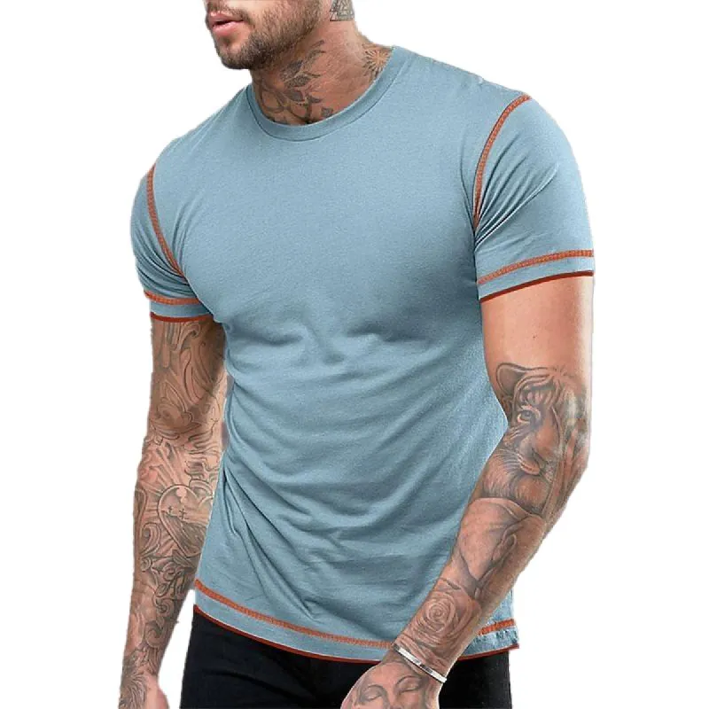 Men's Casual Solid Color Contrast Stitching Round Neck Short Sleeve T-Shirt 20457051Y sold by Manly