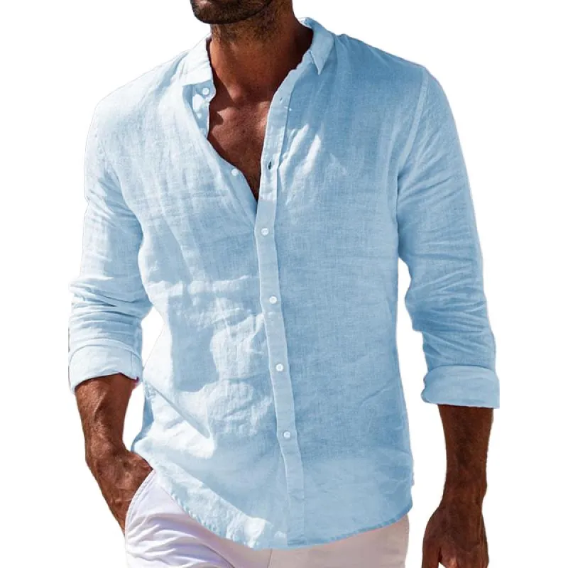 Men's Casual Solid Color Lapel Cotton Linen Long-Sleeved Shirt 64708769M sold by Manly