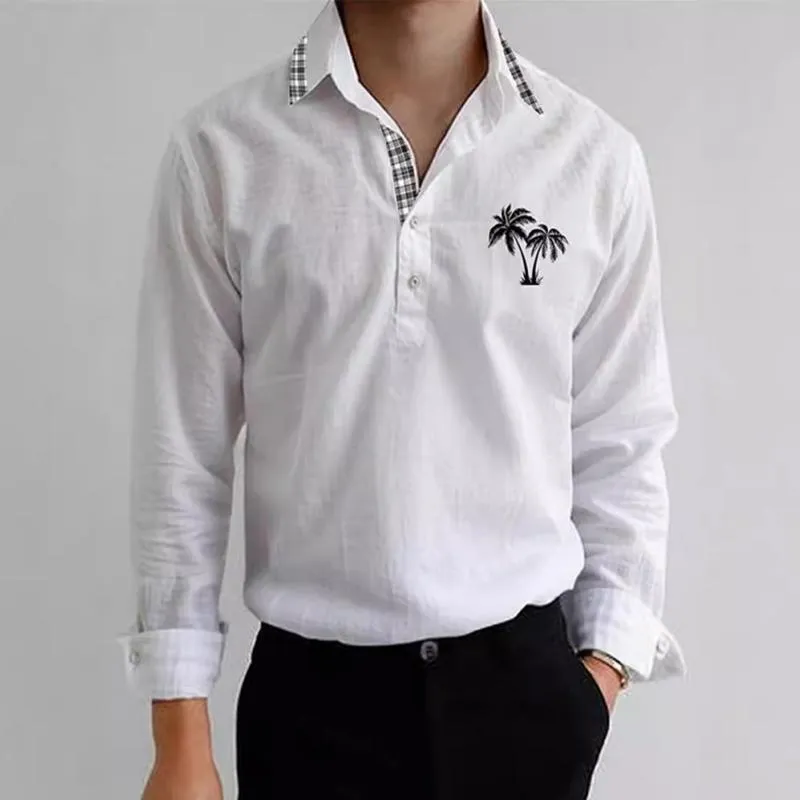 Men's Plaid Stitching Lapel Long Sleeve Cotton And Linen Shirt 11789656Z sold by Manly product image thumbnail 2