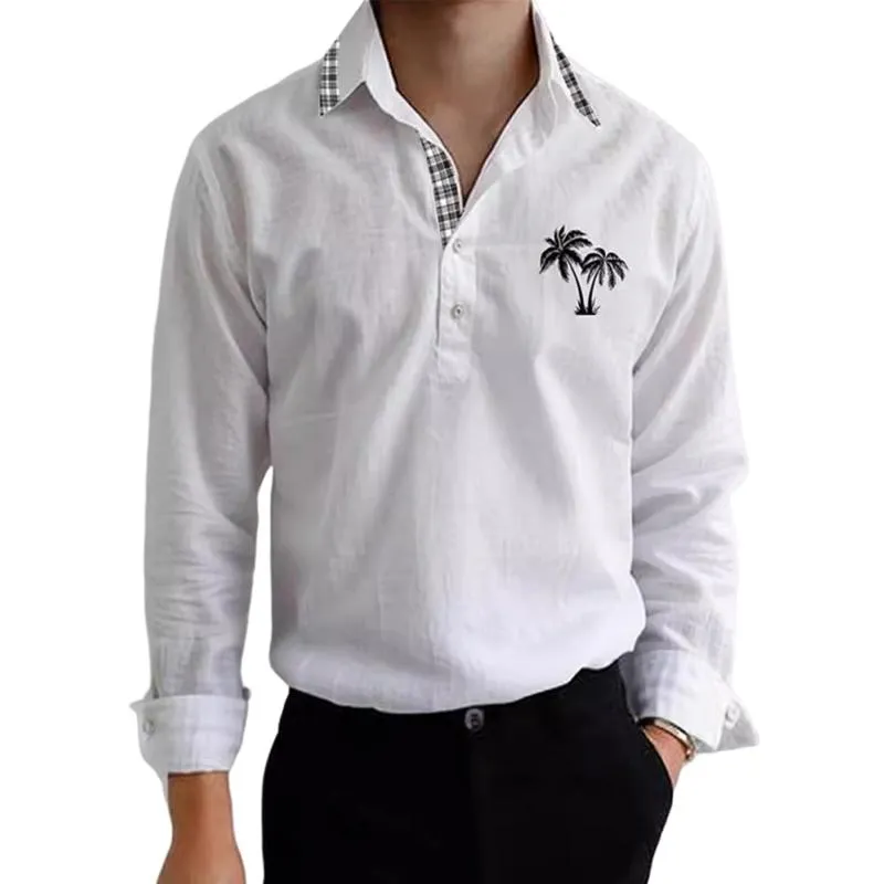 Men's Plaid Stitching Lapel Long Sleeve Cotton And Linen Shirt 11789656Z sold by Manly