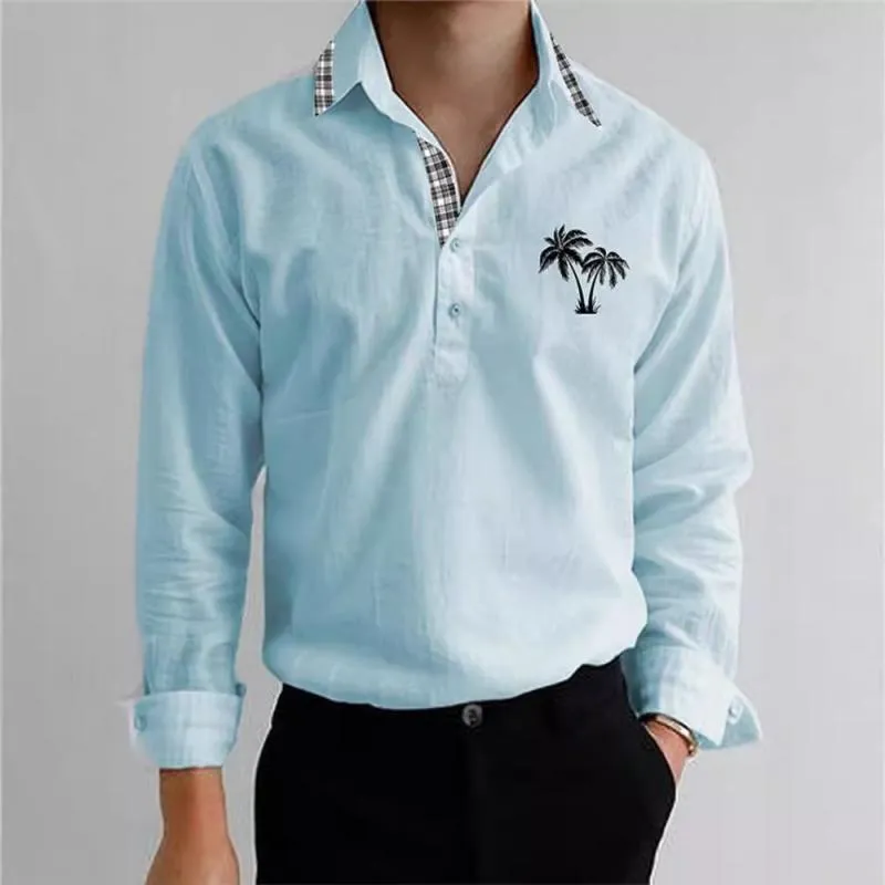 Men's Plaid Stitching Lapel Long Sleeve Cotton And Linen Shirt 11789656Z sold by Manly product image thumbnail 3