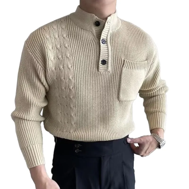 Men's Half High Collar Buttons Collar Breast Pocket Solid Knit Sweater 03542549Z sold by Manly