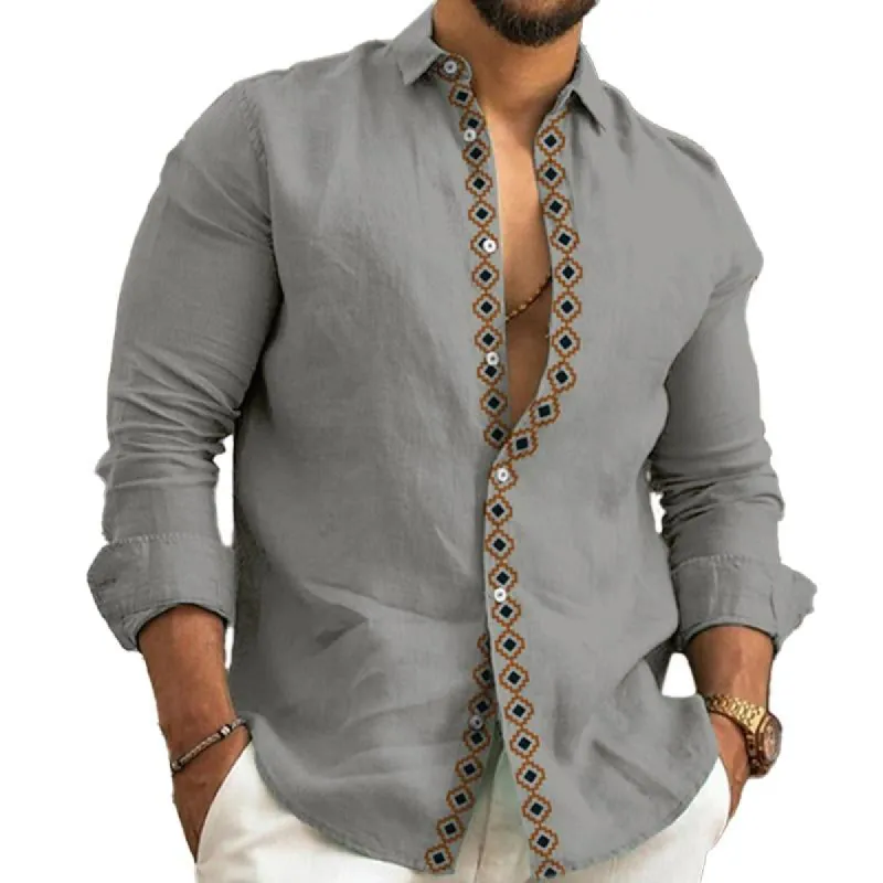 Men's Casual Printed Panel Lapel Long Sleeve Shirt 16478976Y sold by Manly