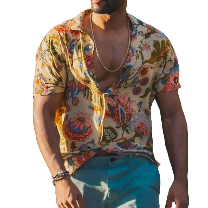 Men's Retro Casual Floral Beach Lapel Short Sleeve Shirt 80018103TO sold by Manly