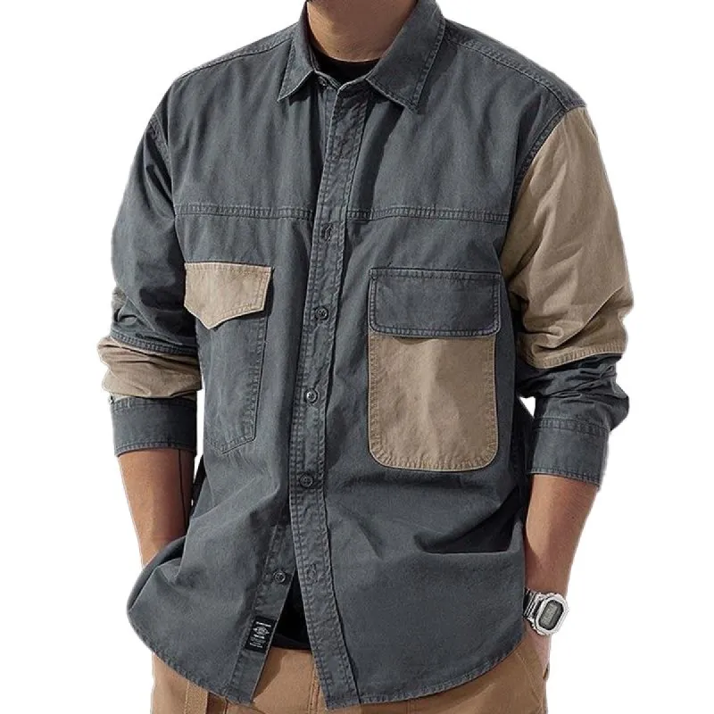Men's Color Block Lapel Long Sleeve Cargo Shirt 83493639Z sold by Manly
