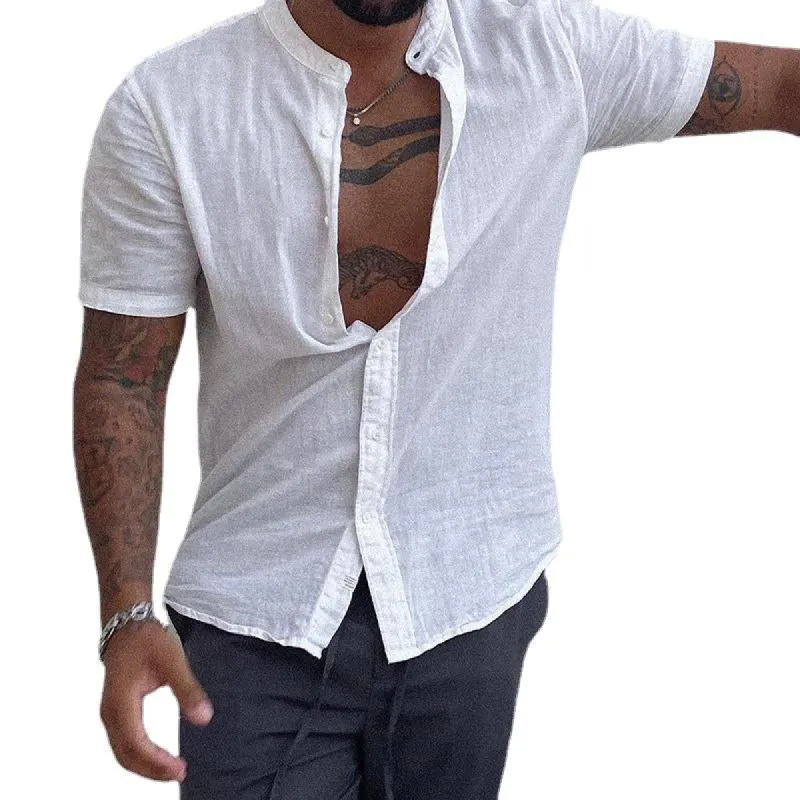 Men's Casual Cotton Linen Solid Color Stand Collar Short Sleeve Shirt 77377996Y sold by Manly